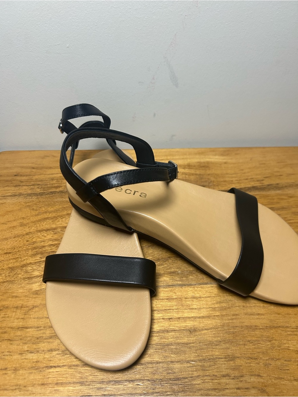 Secra Soft Leather Minimal Black Ankle-Strap Women's Sandals, NWOT